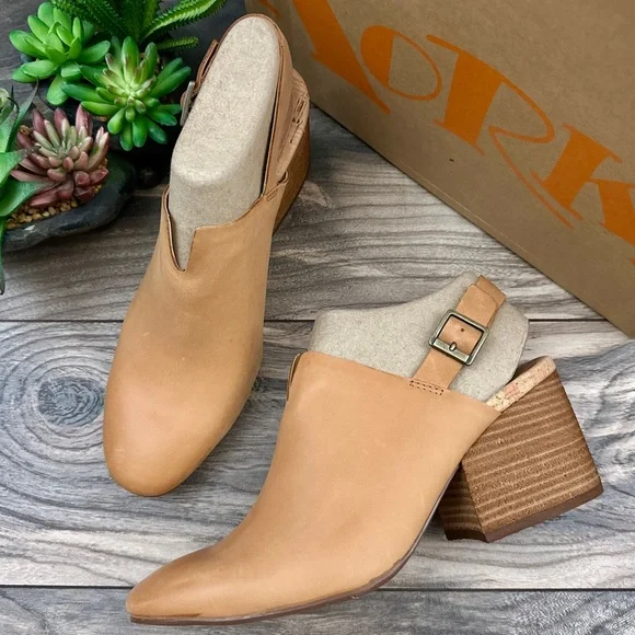 NIB Korks Kork Ease Rayleigh Slingback Block Heel Leather Clogs Natural - Picture 2 of 14
